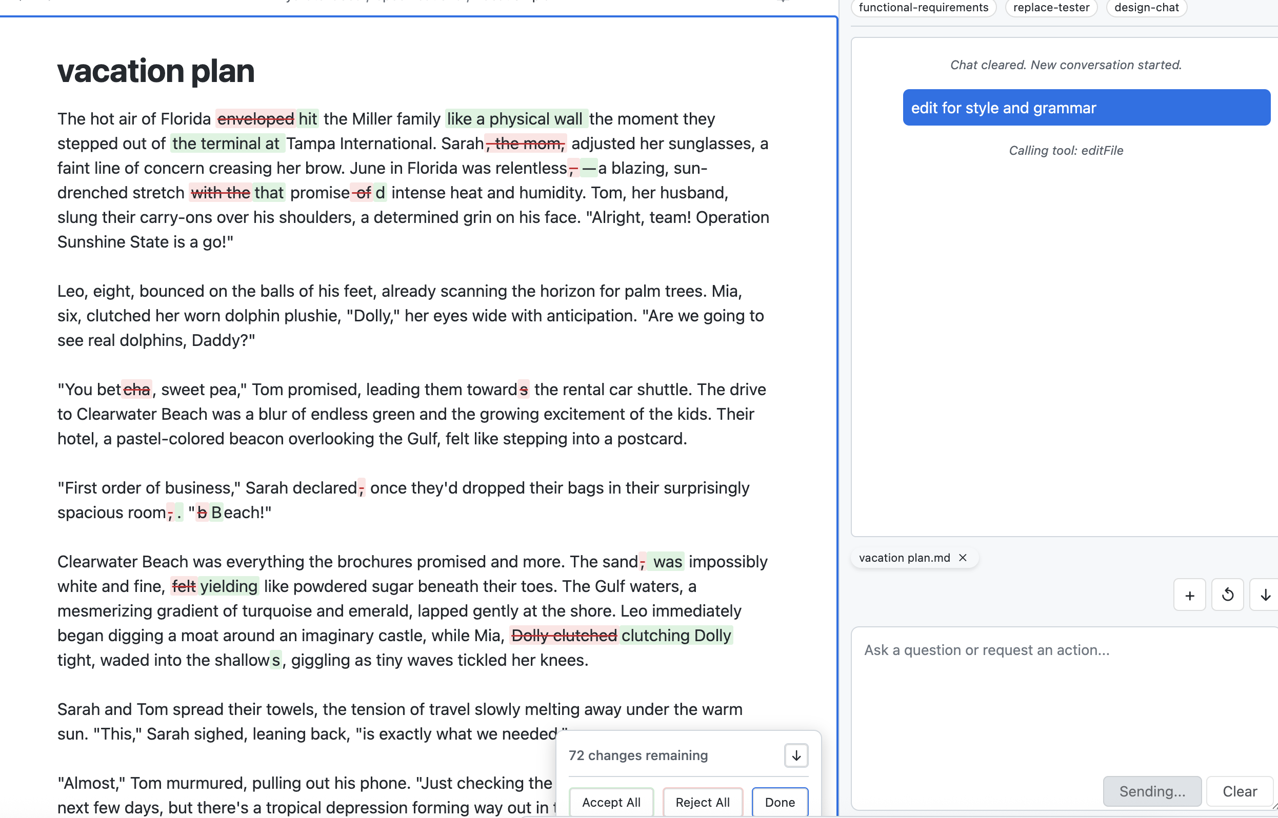 Hydrate changes view showing inline edits with accept/reject controls
